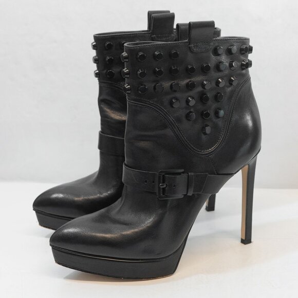 Michael Kors Black Leather Stiletto Bootie Goth Studded Pull On Biker Ankle Boot - Picture 2 of 16